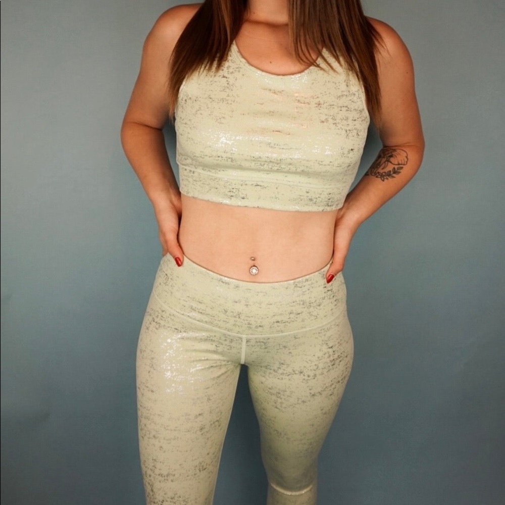 Light mint sports bra with gold foil pattern